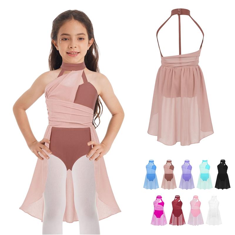 Sxiwei Meisjes Lyrische Jurk Ruches Chiffon Lijfje Gekooide Rug Dans Turnpakje Jurk Kinderen Danskleding 5-6 Years zwart