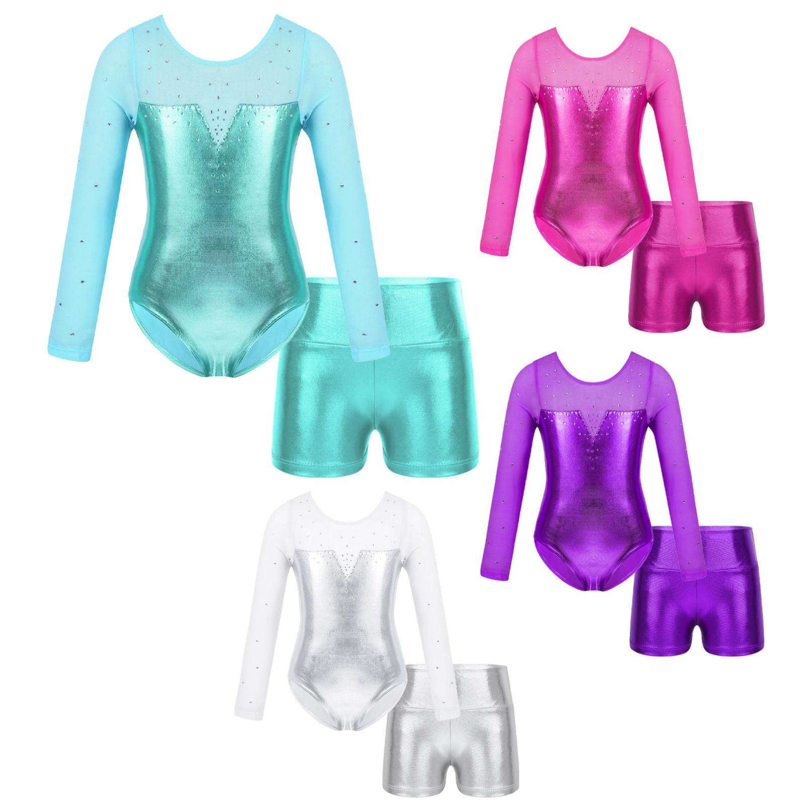 YONGHS Kinderen meisjes metallic lange mouw sprankelende strass turnpakje met gymnastiekshorts ballet dansvoorstelling kostuum 5-6 Years meer groene kleur