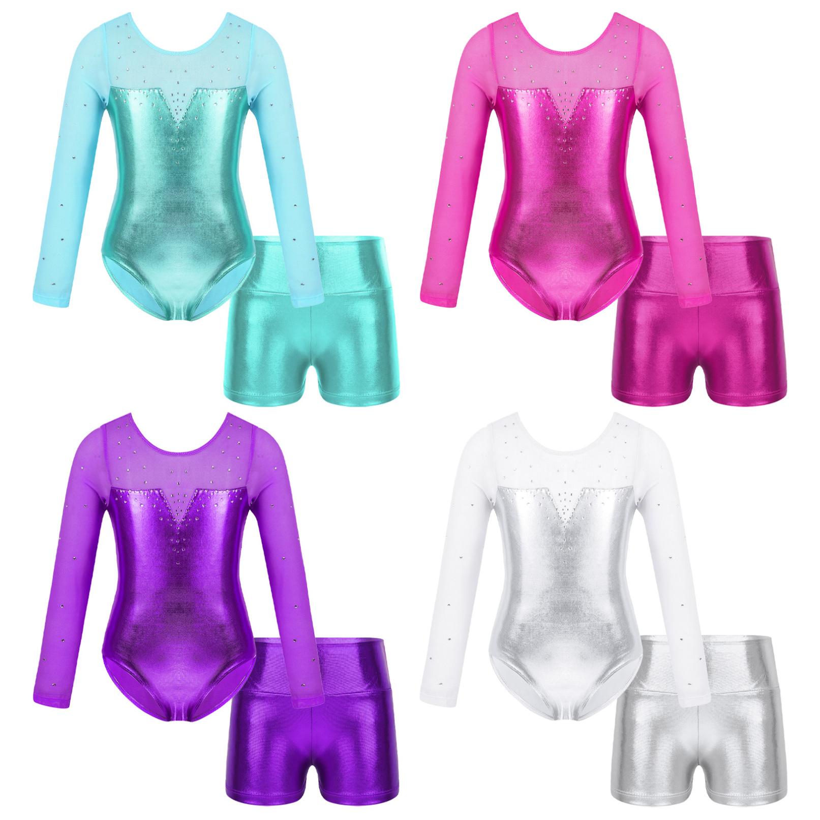 Ranrann Kinderen meisjes metallic lange mouw sprankelend atletisch danspakje met shorts outfits ballet unitard biketards danskleding 3-4 Years meer groene kleur