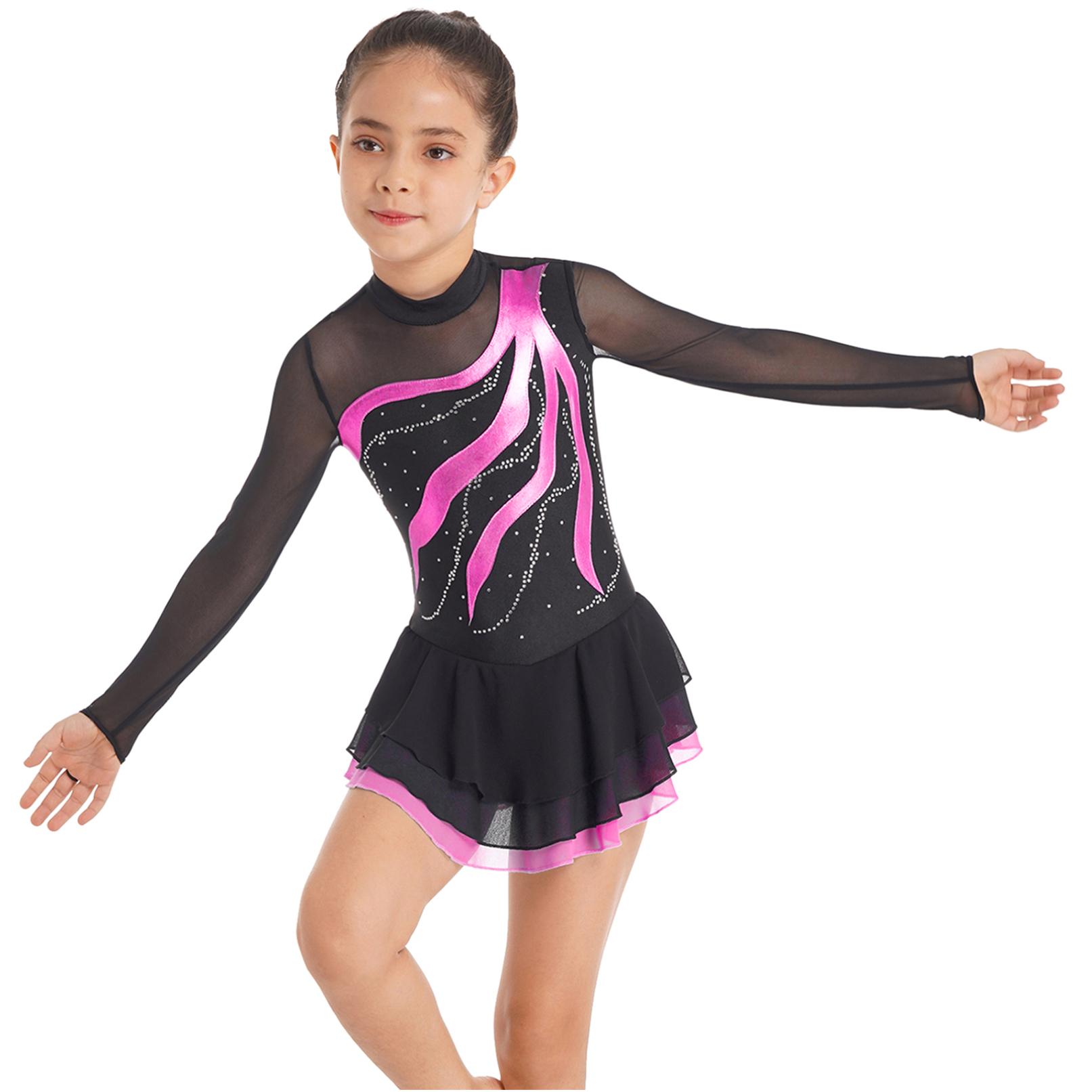 Manyakai Kinderen Meisjes Glanzende Kunstschaatsjurk Lange Mouw Ballet Tutu Gymnastiek Dans Turnpakje Jurk Dancewear 5-6 Years meer groene kleur