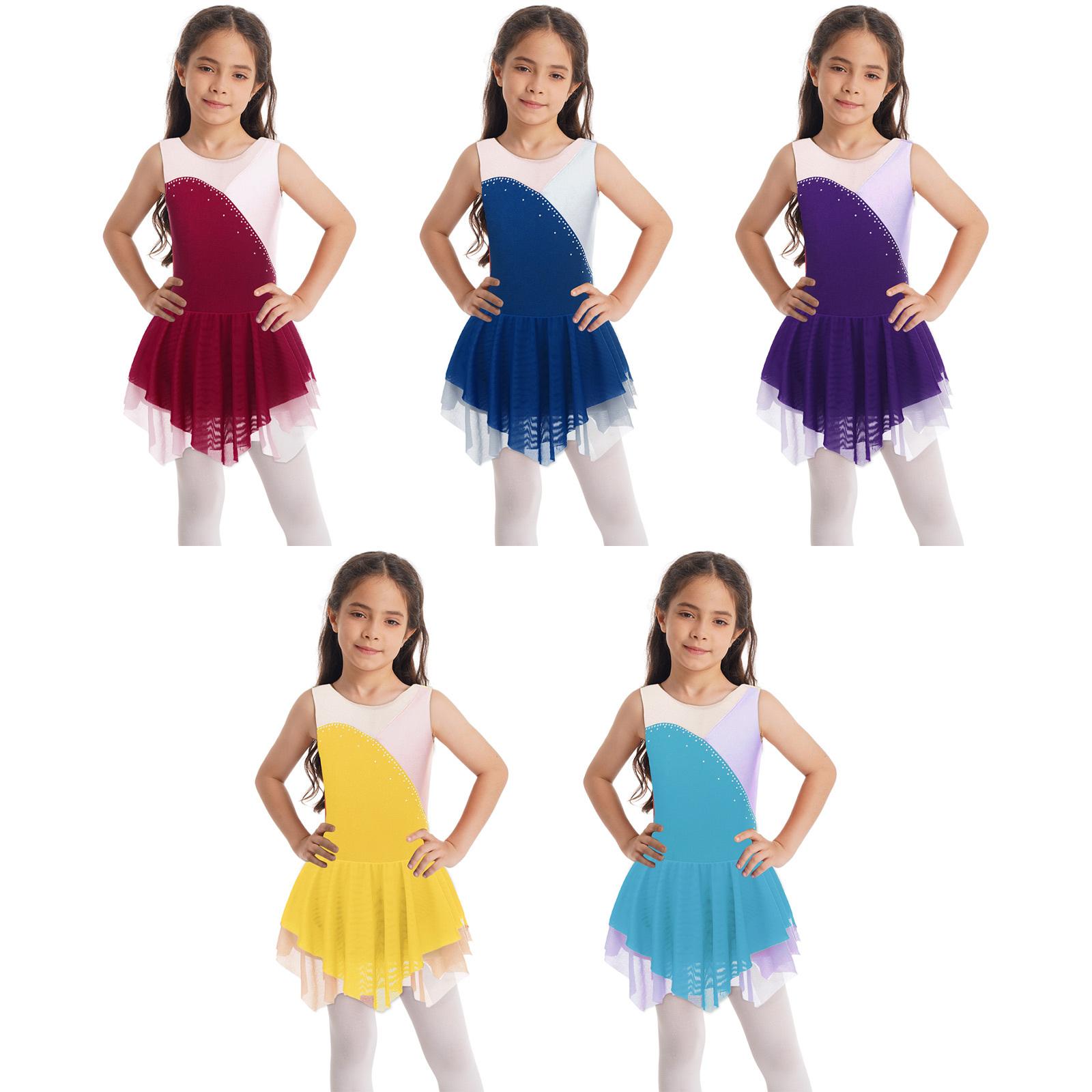 RUNQHUI Kinderen meisjes mouwloos strass decor patchwork stijl schaatsjurk kind ballet danskleding 11-12 Years donkerpaarse kleur/lichtpaarse kleur