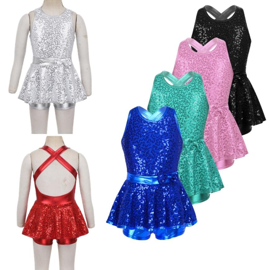 IEFiEL Kinderen meisjes jazz moderne tapdanskleding mouwloze lovertjes kriskras rug taille strik balletdans turnpakje jurk 5-6 Years zwart