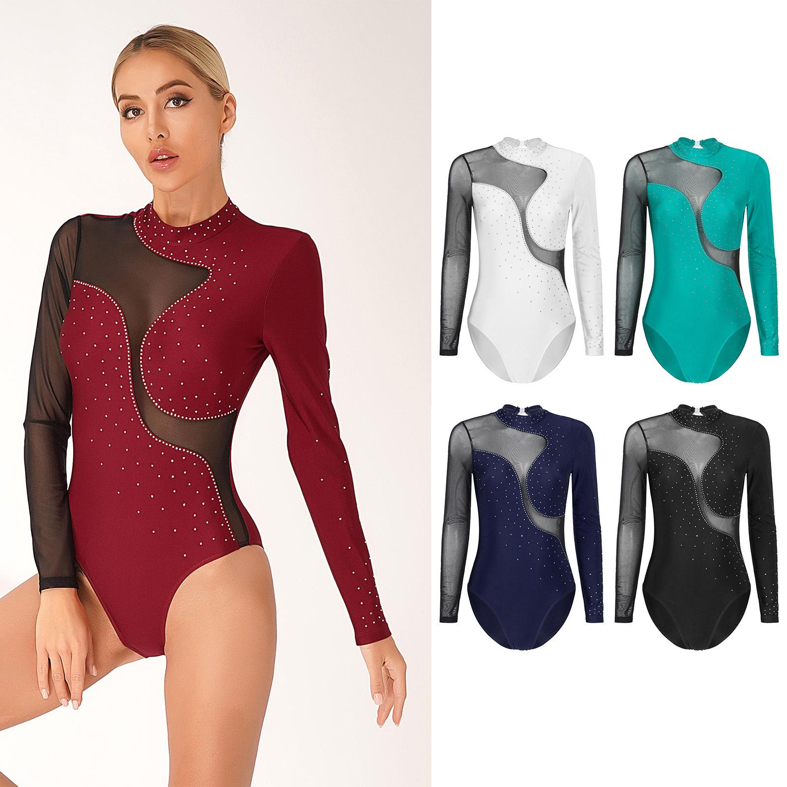 RUNQHUI Gymnastiek turnpakje kunstschaatsen jumpsuit lange mouw ballet dans bodysuit top dames activewear tops S bordeaux