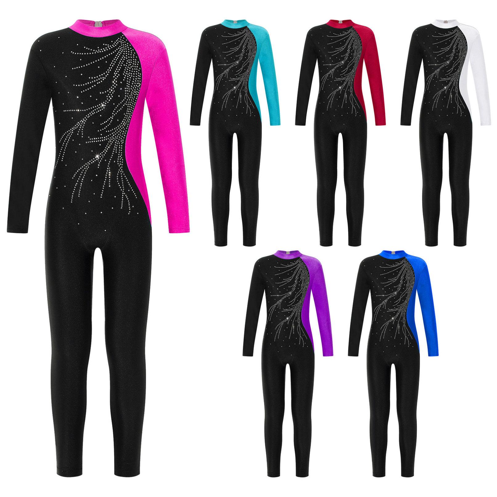 HULIJA Kinderen Meisjes Lange Mouw Glanzende Strass Holle Rug Atletische Dans Jumpsuit Een Stuk Turnpakje Gymnastiekpakken 5-6 Years groen/blauw