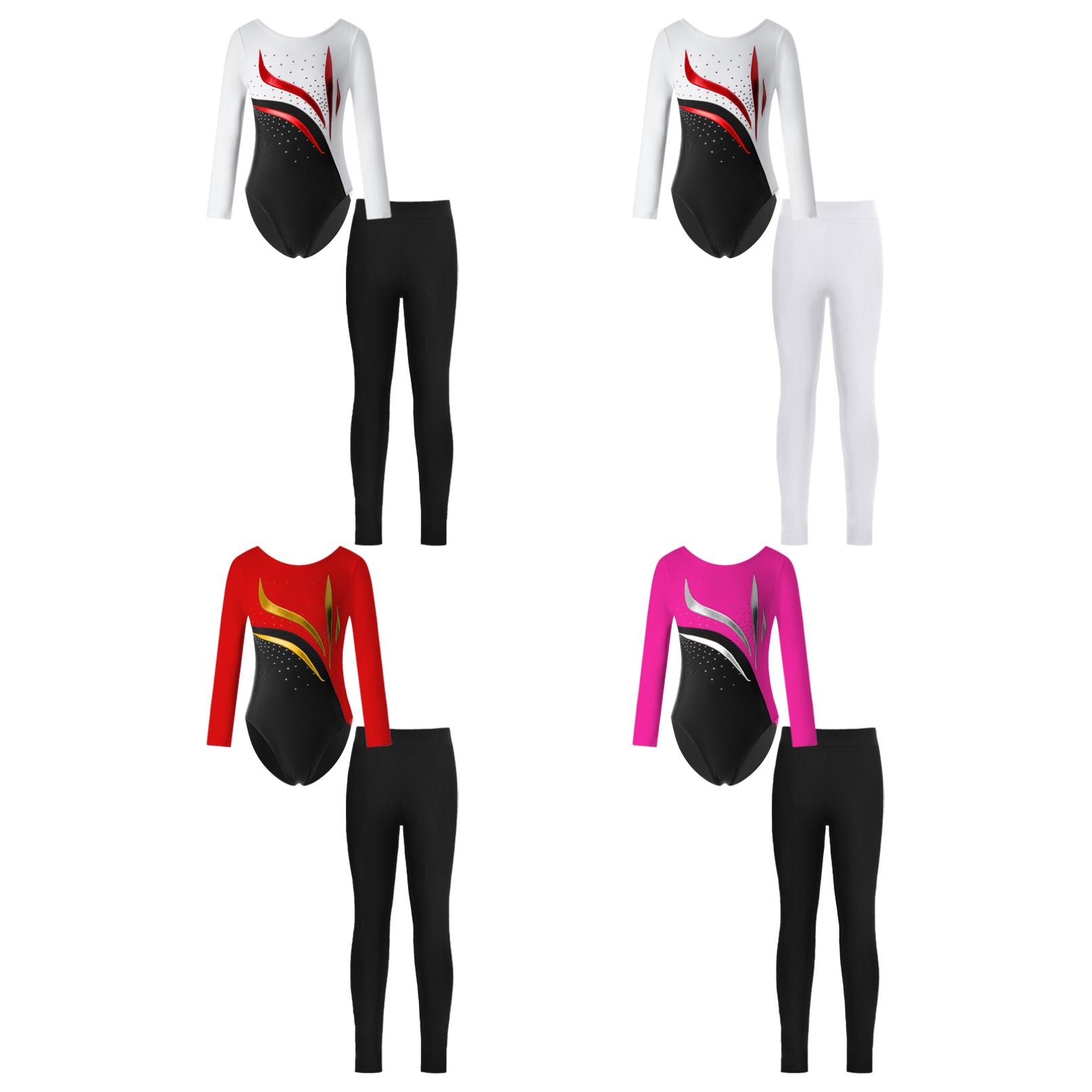 Daenrui Kinderen Meisjes Kinderen Biketard Gymnastiek Maillots met lange mouwen en ronde hals met slim-fit legging voor dansschaatsen 5-6 Years wit/zwart