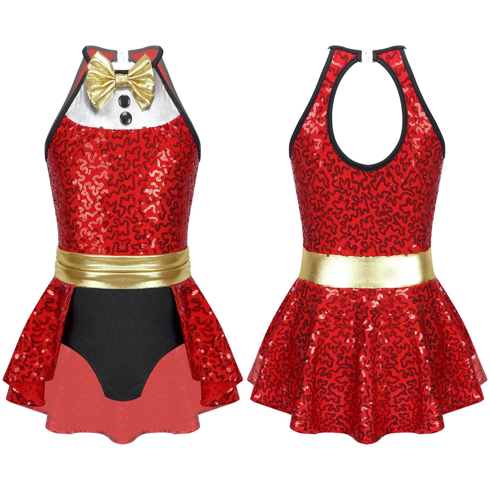 YONGHS Kinderen Kerst Jumpsuit Verkleden Strik Sequin Gymnastiek Turnpakje Ballet Tutu Rokken Toneelkostuums 7-8 Years rood