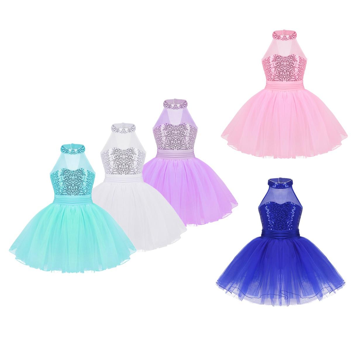 Sxiwei Meisjes Sparkly Pailletten Mouwloos Mesh Splice Ballet Dans Turnpakje Jurk Gymnastiek Uitvoerend Kostuum 4-5 Years wit