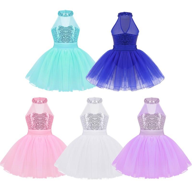 ZDHoor Kinderen Meisjes Halter Lovertjes Mesh Splice Ballet Dans Tutu Turnpakje Jurk Fancy Ballerina Kostuum 4-5 Years wit