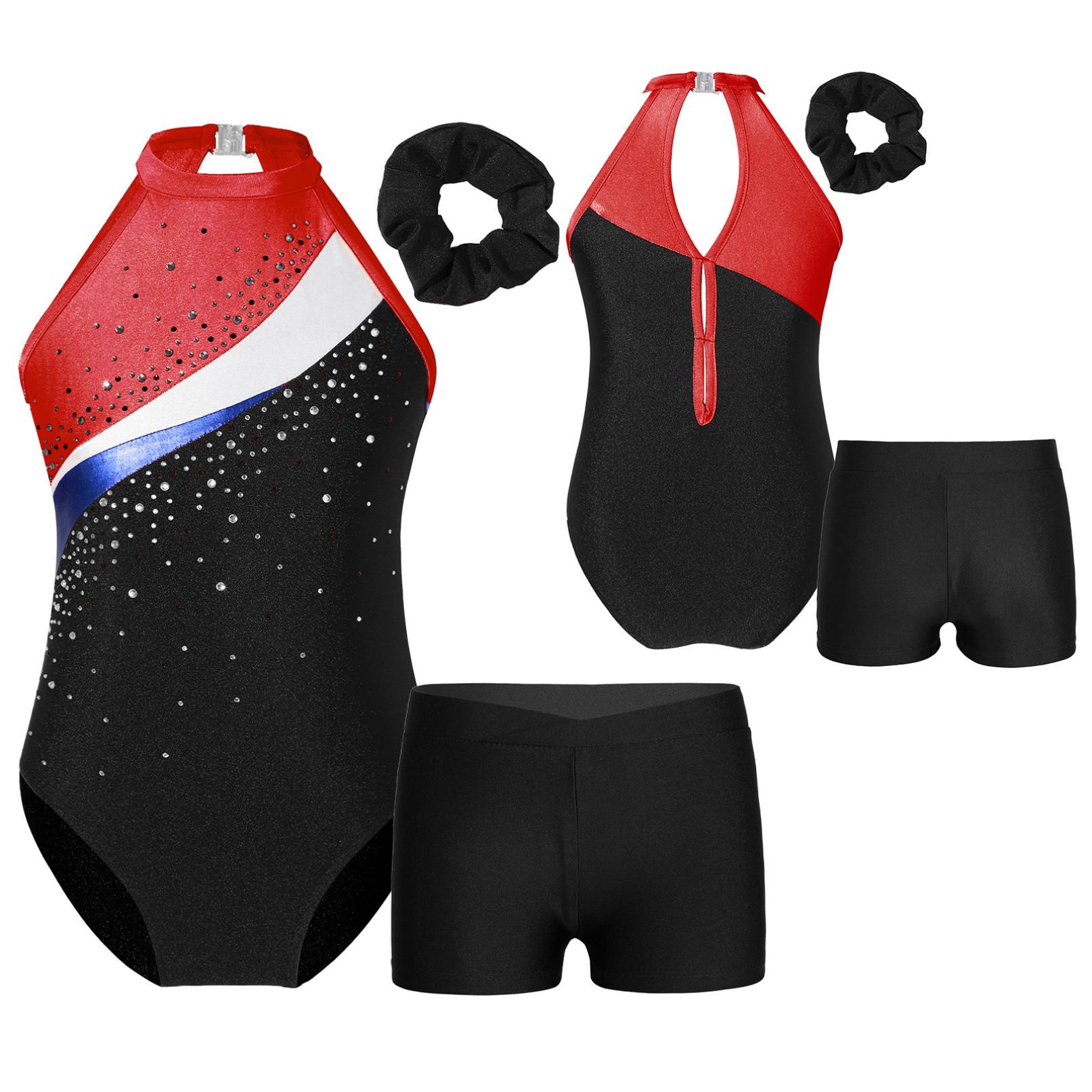 HULIJA Balletdansoutfits voor kinderen voor meisjes Glanzend mouwloos gymnastiekpak met atletische shorts Haarband Trainingspak Activewear 5-6 Years roze/zwart