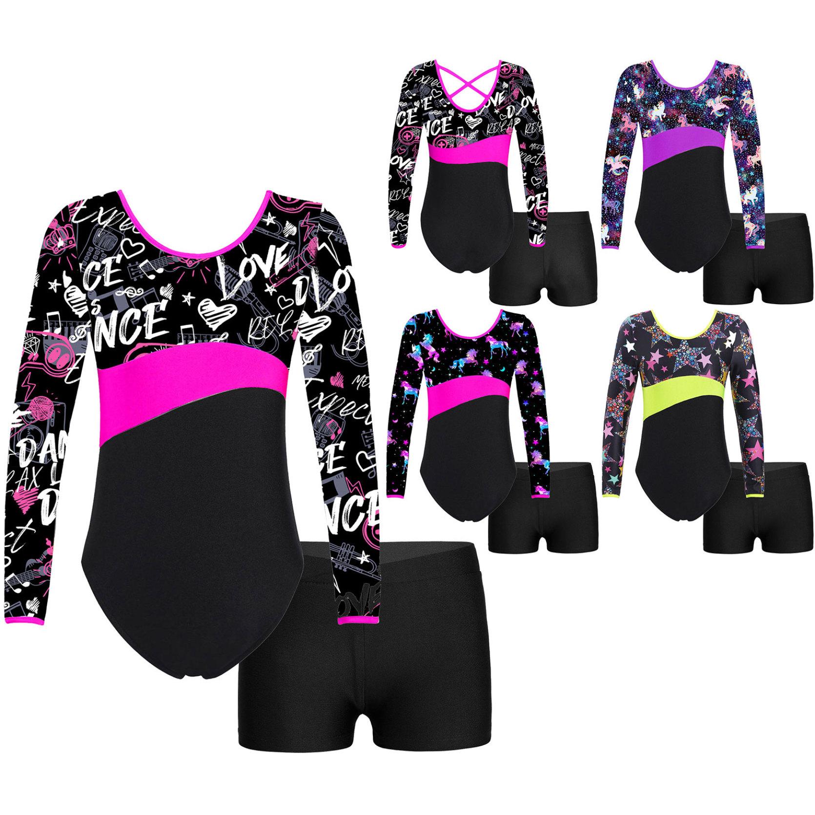 IEFiEL Kinderen Meisjes Lange Mouw Bedrukt Patchwork Turnpakje met V-front Tailleband Shorts voor Dans Sport Gymnastiek Workout 5-6 Years helder roze