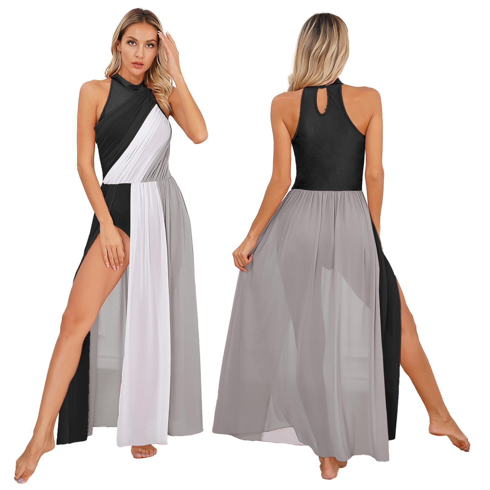 Inlzdz Damesballetjurk Lange dansjurk met chiffon rok Mouwloos balletpakje voor lyrische moderne dansdanskleding S koffie