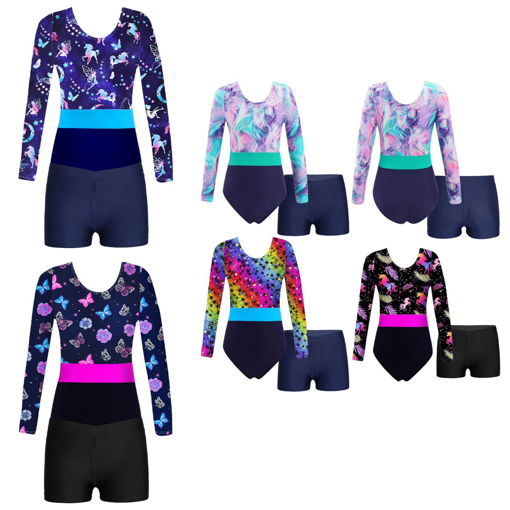 IEFiEL Gymnastiekpakjes voor meisjes Dans Sport Sportkleding Biketards met shorts Patchwork Ballethemdje 5-6 Years zwart