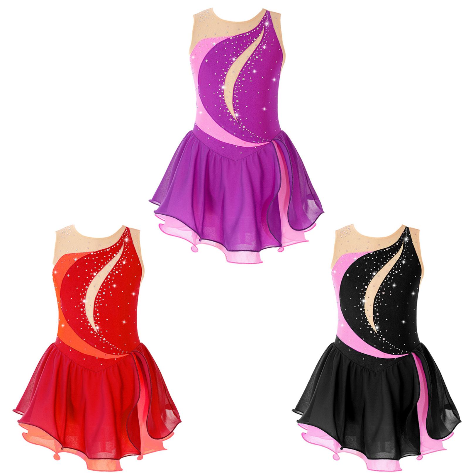 HULIJA Kinderen Meisjes Mouwloos Mesh Patchwork Strass Figuur Schaatsen Jurk Ballet Turnpakje Tutu Jurk Danskleding 5-6 Years paars