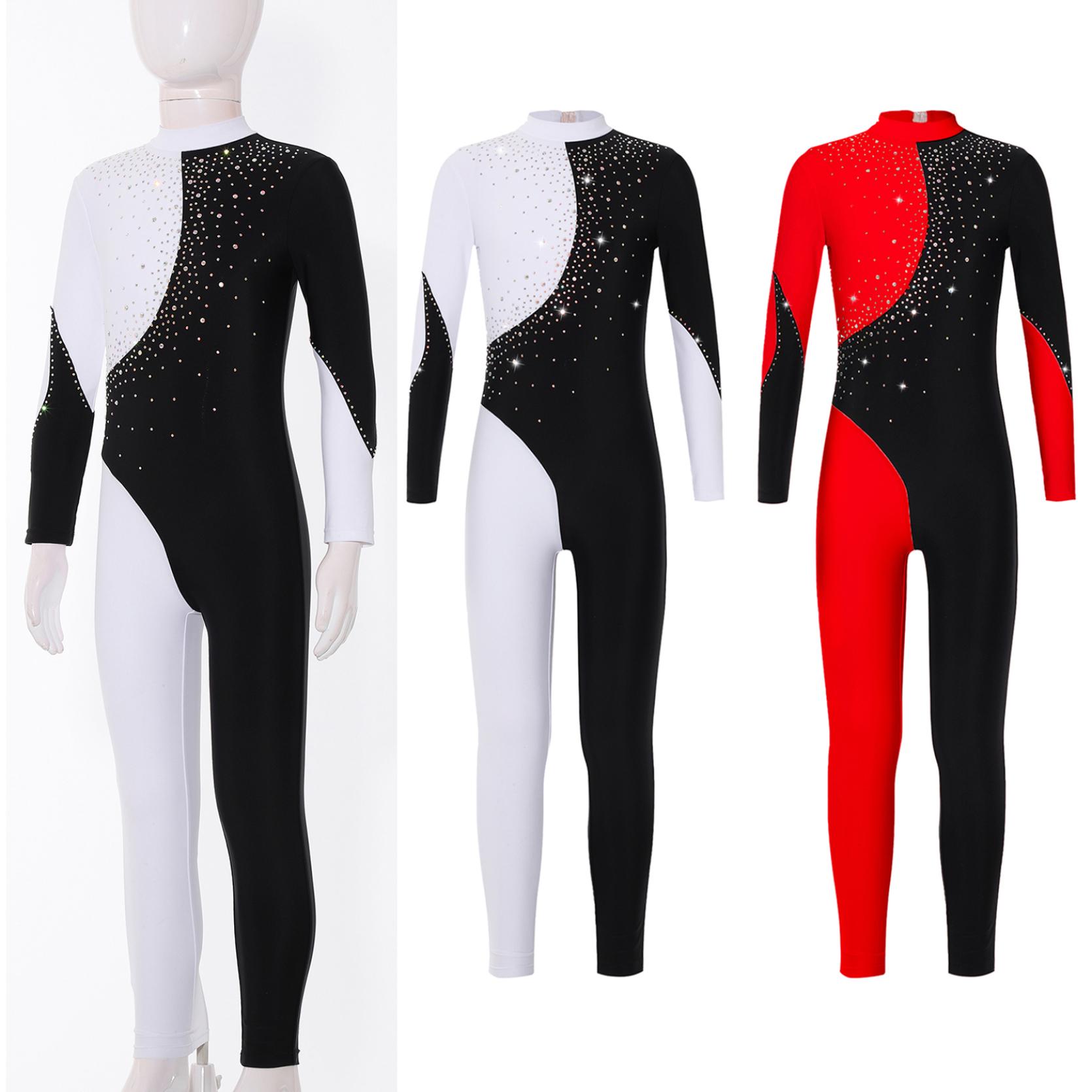 IEFiEL Kinderen Meisjes Stijlvolle Schaatskleding uit één stuk Lange mouw Ronde kraag Glanzend Strass Decor Dansmaillots 5-6 Years zwart/rood