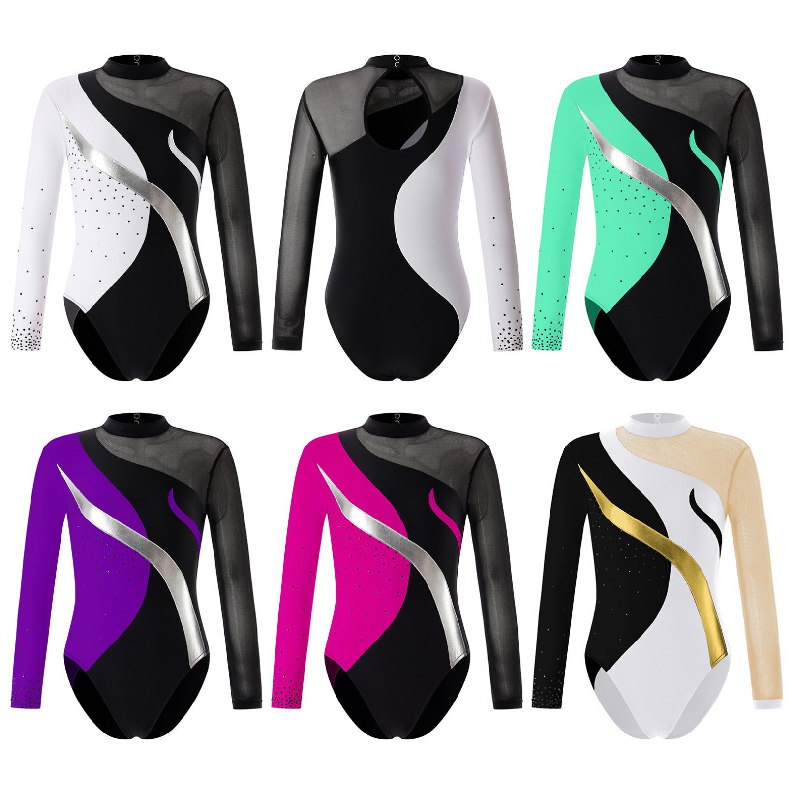 Inlzdz Kinderen meisjes sprankelende strass ballet gymnastiek turnpakje met lange mouwen atletische bodysuit unitard eendelige outfit 5-6 Years wit/zilver