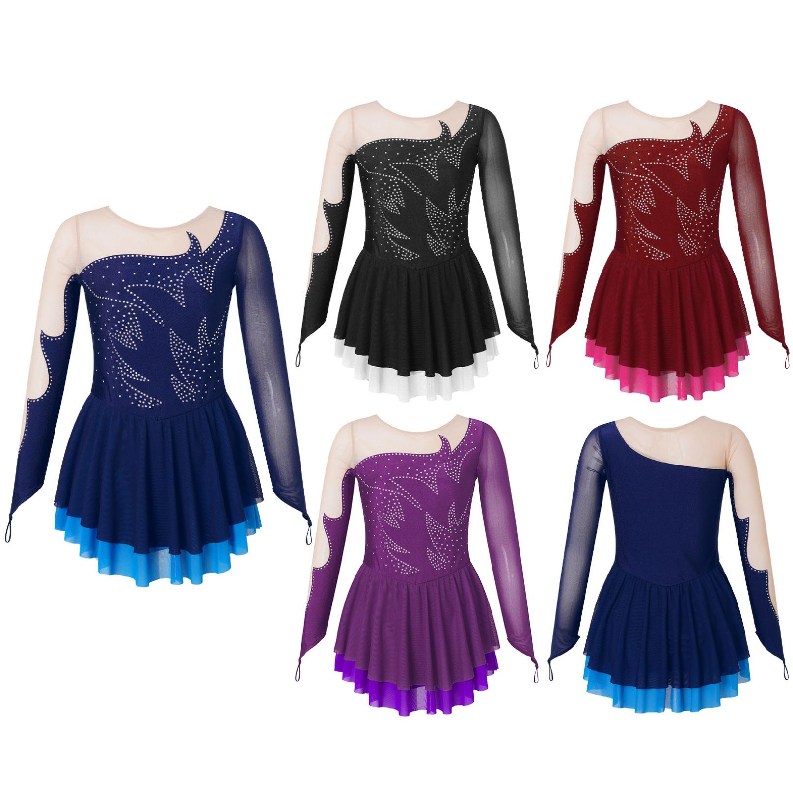 Inhzoy Kinderen Meisjes Strass Lange Mouw Roller Figuur Schaatsen Jurk Sheer Mesh Keyhole Terug Dans Turnpakje Jurk Dancewear 5-6 Years marineblauwe kleur