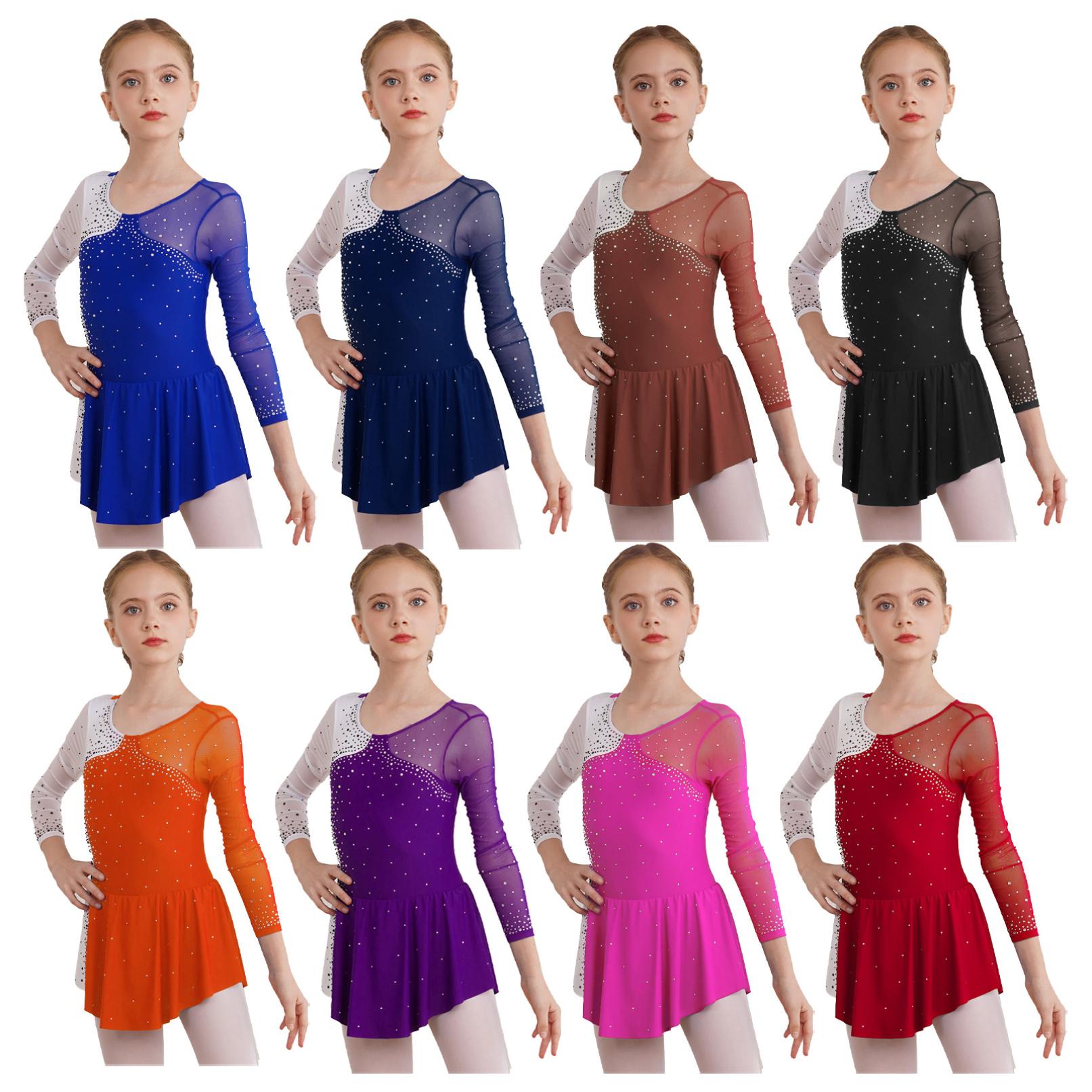 Tiaobug Stijlvolle balletdansjurk voor meisjes, ronde hals, glanzende strass versierde gymnastiekpakjes, feestkleding 5-6 Years bordeaux