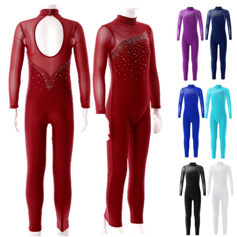 WinYing Kinderen Meisjes Lange Mouw Een Stuk Glanzend Strass Unitard Full Body Dans Turnpakje Bodysusit 5-6 Years