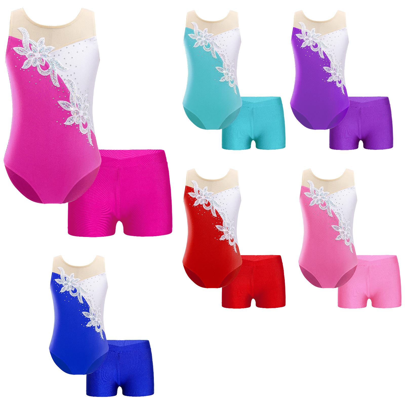 Fldy 2 stuks kinderen meisjes mouwloze patchwork stijl gymnastiek maillots ballet dans bodysuit unitards met shorts 5-6 Years