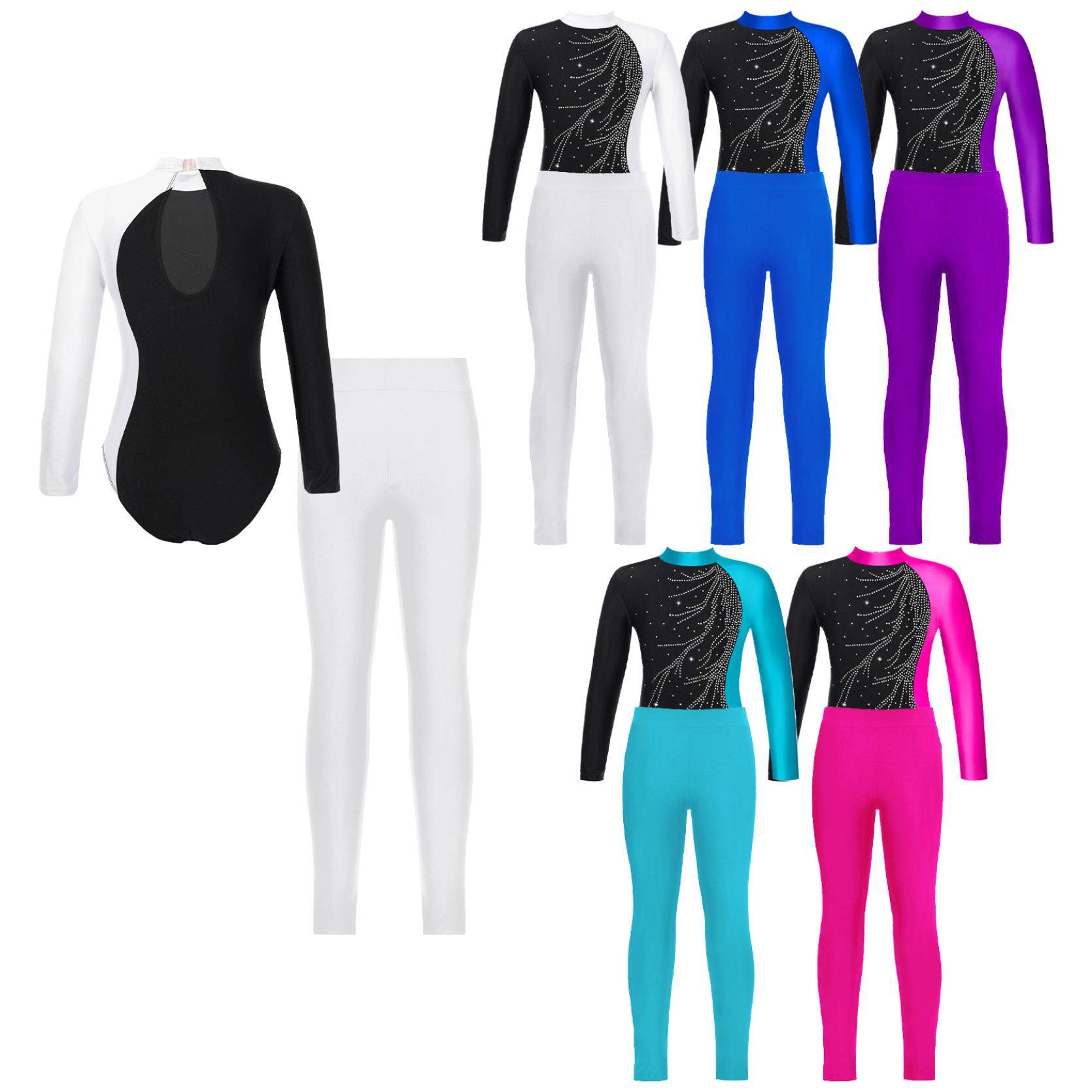 IEFiEL Kinderen Meisjes Gymnastiek Schaatsen Dansoutfits Lange mouw Mock Hals Turnpakje en leggings 5-6 Years wit