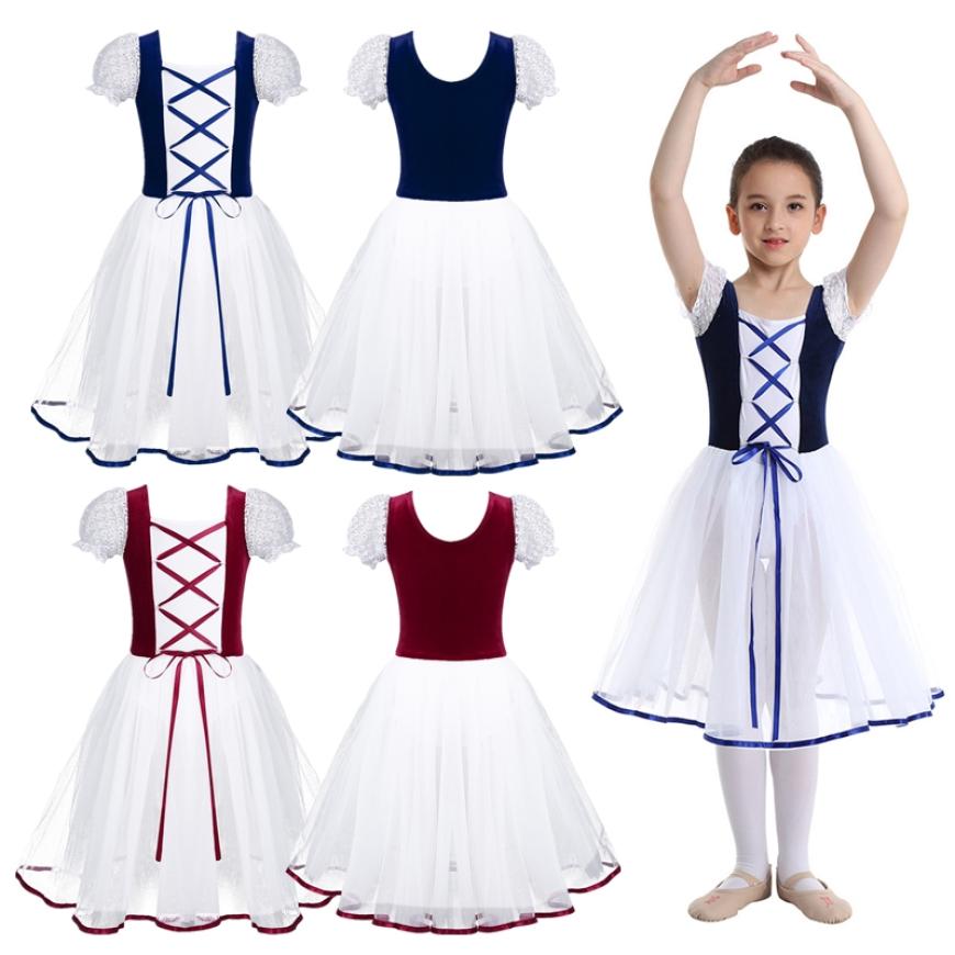 IEFiEL Kinderen Meisjes Professionele Ballet Tutu Jurk Fluwelen Mesh Kantwerk Korte Bubble Mouwen Ballet Dans Gymnastiek Turnpakje 3-4 Years marineblauwe kleur