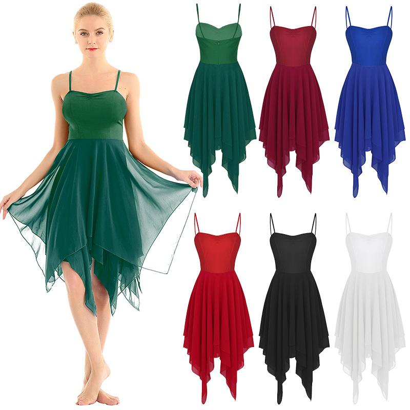 Fldy Lyrisch danskostuum voor dames, asymmetrisch chiffon, modern balletjurk, ballroomdanskleding S rood