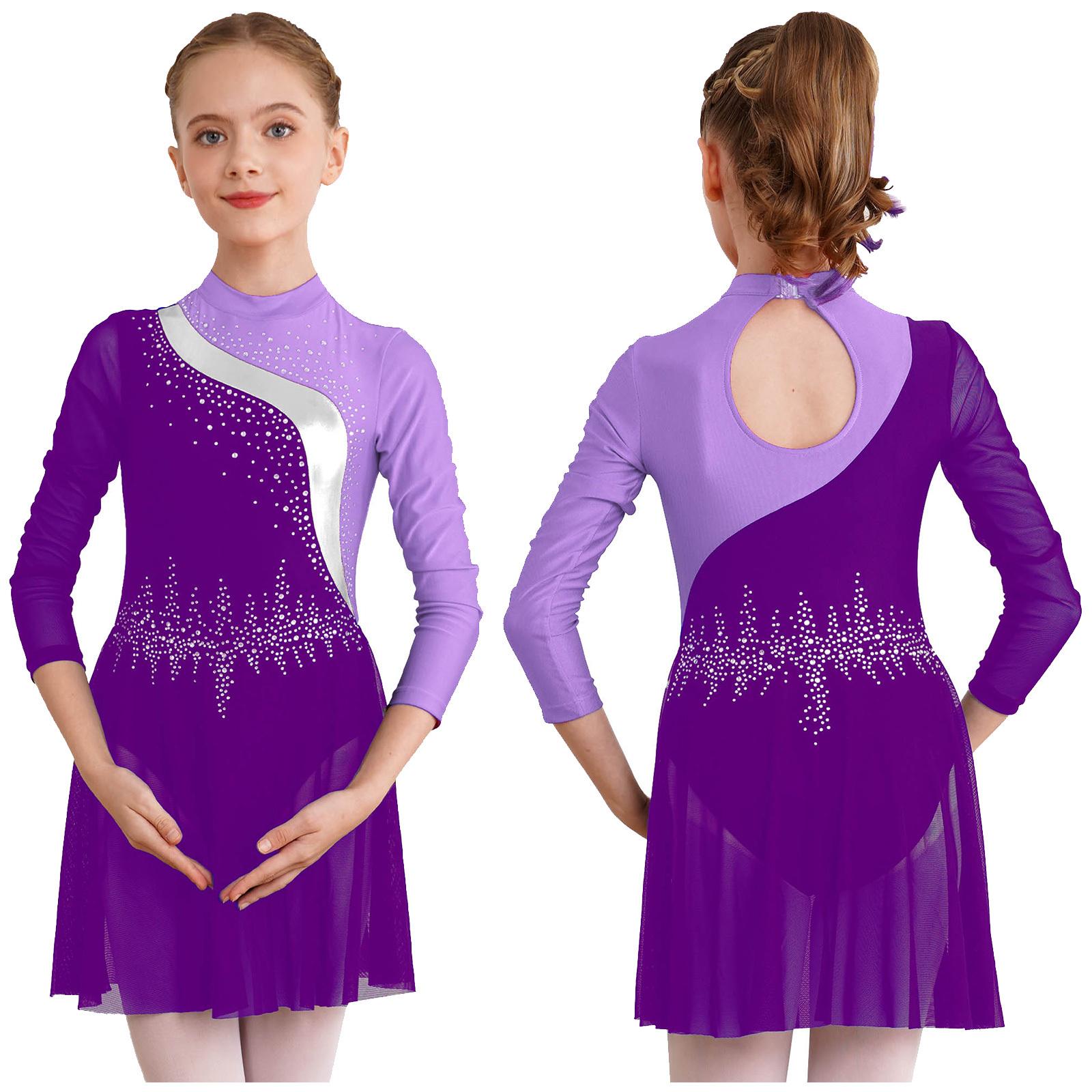 Aislor Kinderen Meisjes Lange Mouw Kunstschaatsjurk Kleur Blok Lyrische Dansjurk Gymnastiek Leotard Danskleding 7-8 Years wit/zwart