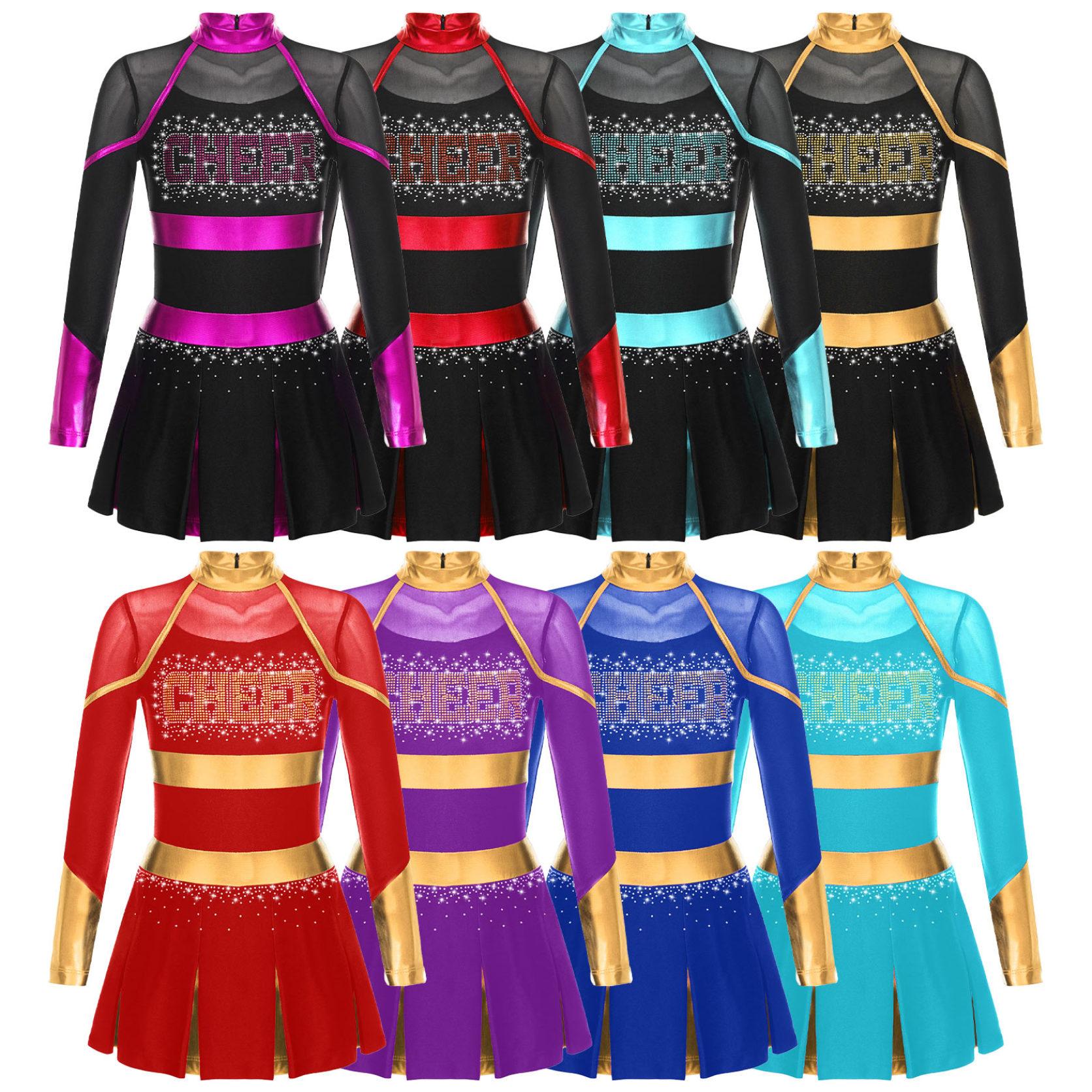 Yunduantong-electronic Meisjes Cheerleading Uniform Dansjurk met lange mouwen Carnaval Dancewear Cheerleading Dansjurk voor kinderen 5-6 Years zwart/warm roze kleur