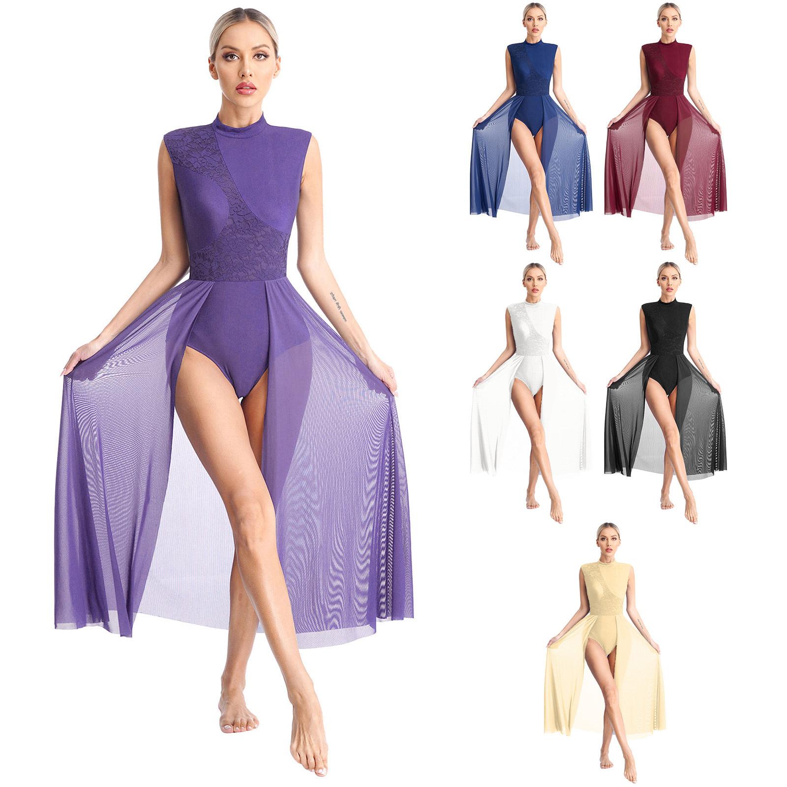 Sywiyi Womens hedendaagse lyrische dansjurk ballet gymnastiek turnpakje mouwloos chiffon flowy jurk podiumprestaties danskleding S marineblauwe kleur