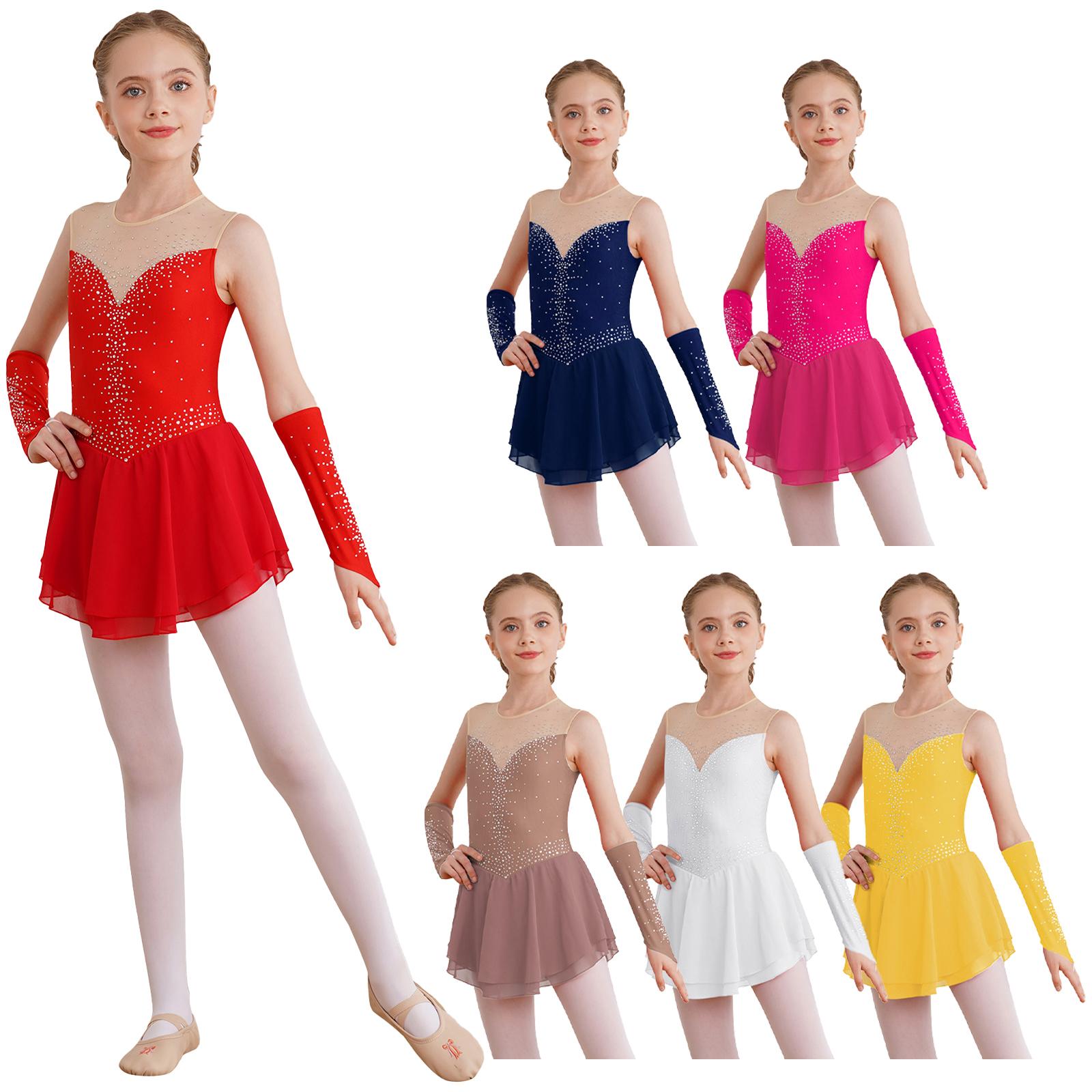 Linjinx Meisjes IJs Kunstschaatsen Jurk Ballet Dans Competitie Gymnastiek Strass Leotard Jurken met Handschoenen 5-6 Years rood