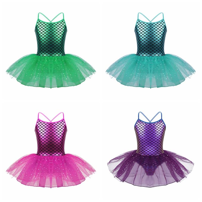 Linjinx Kinderen Meisjes Glitter Zeemeermin Kostuum Spaghetti Schouderbanden Weegschalen Patroon Gedrukt Ballet Dans Gymnastiek Turnpakje Tutu Jurk 3-4 Years groen