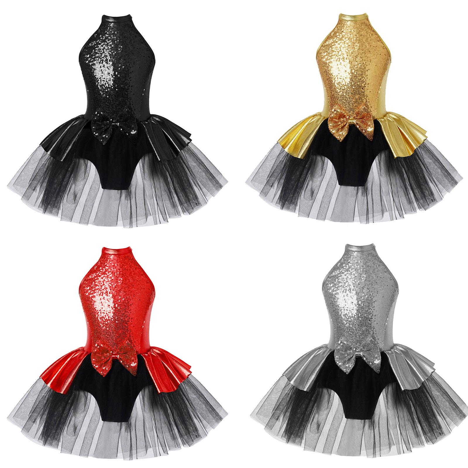 Sywiyi Kinderen Meisjes Sparkly Pailletten Halter Uitsparing Terug Ballet Dans Tutu Jurk Turnpakje Ballerina Competitie Stage Performance Kostuum 5-6 Years goud