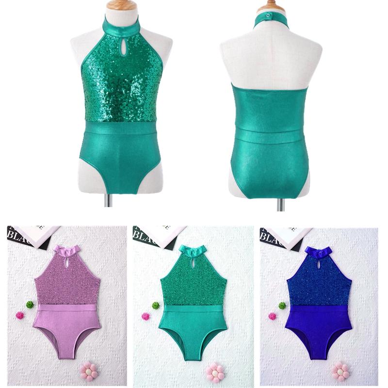 Yunduantong-electronic Girls Shiny Sequins Halter-neck Cutouts Back Ballet Dance Gymnastics Leotard Dance wear Athletic Bodysuit Tops 5-6 Years koningsblauwe kleur