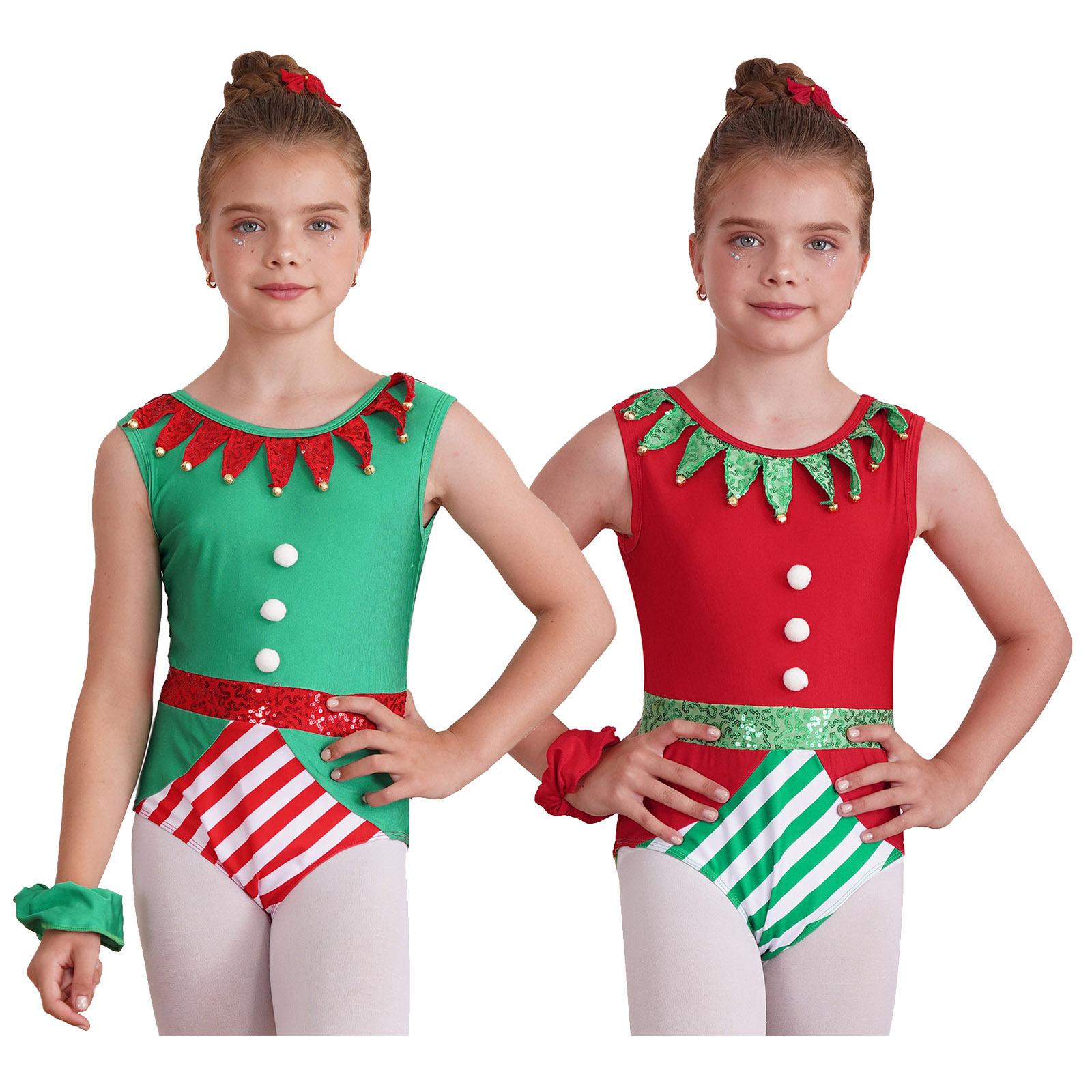 Manyakai Kerstgymnastiekpakjes voor meisjes met hoofdbandoutfits Mouwloos atletisch dansbodysuit 3-4 Years groen