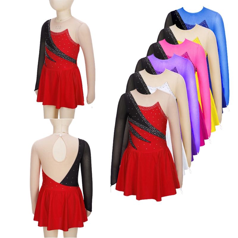 Sxiwei Kinderen Meisjes Lange Mouw Sprankelende Strass Decor Hollow Back Gymnastiek Dans Schaatsen Jurken 5-6 Years rood