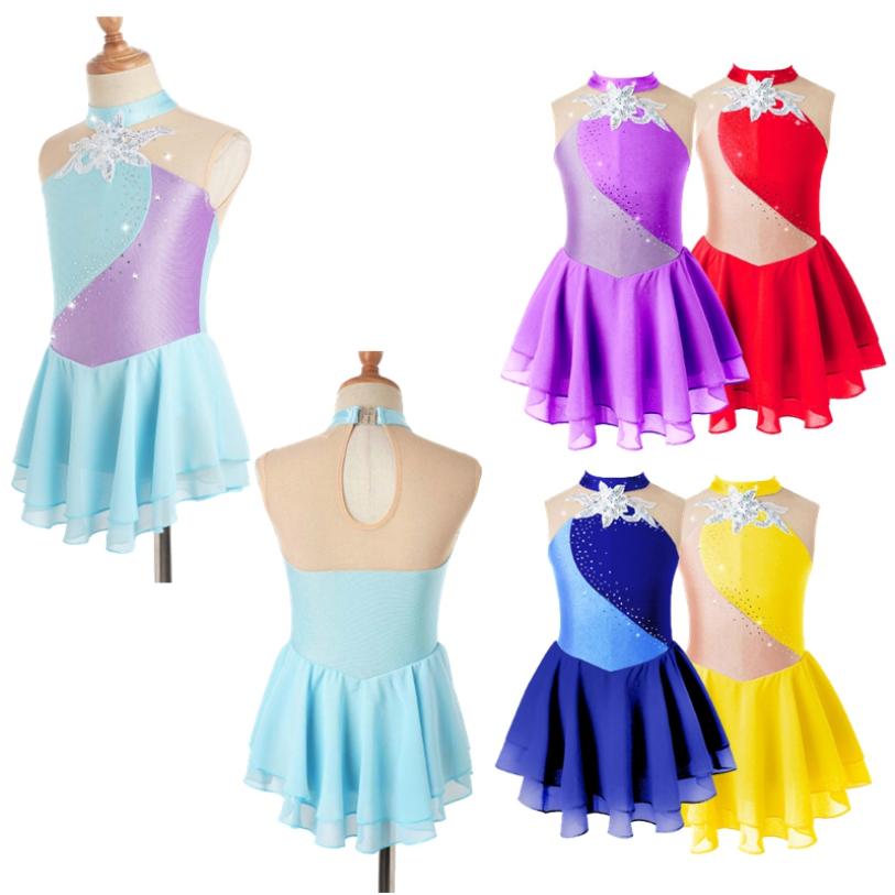 Manyakai Strass Pailletten Figuur Schaatsen Jurk voor Meisjes Kids Ballet Dans Jurk Kind Gymnastiek Lyrische Dans Jurk Kostuums 5-6 Years lichtblauwe kleur