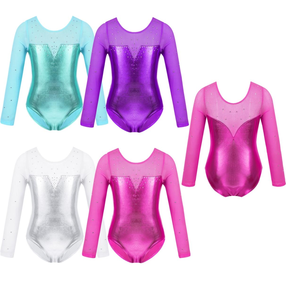 YONGHS Kinderen meisjes eendelige tule lange mouw sprankelende strass metallic ballet dans gymnastiek turnpakje jumpsuit 3-4 Years groen