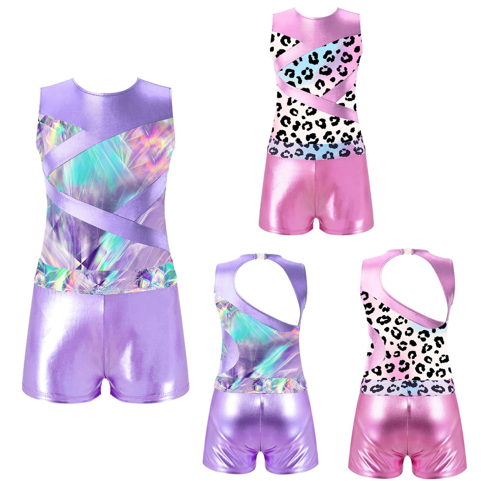 Inhzoy Meisjes Glanzend Metallic Mouwloos Gymnastiek Turnpakje en Shorts Kinderen Ballet Dans Unitard Biketard 3-4 Years roze