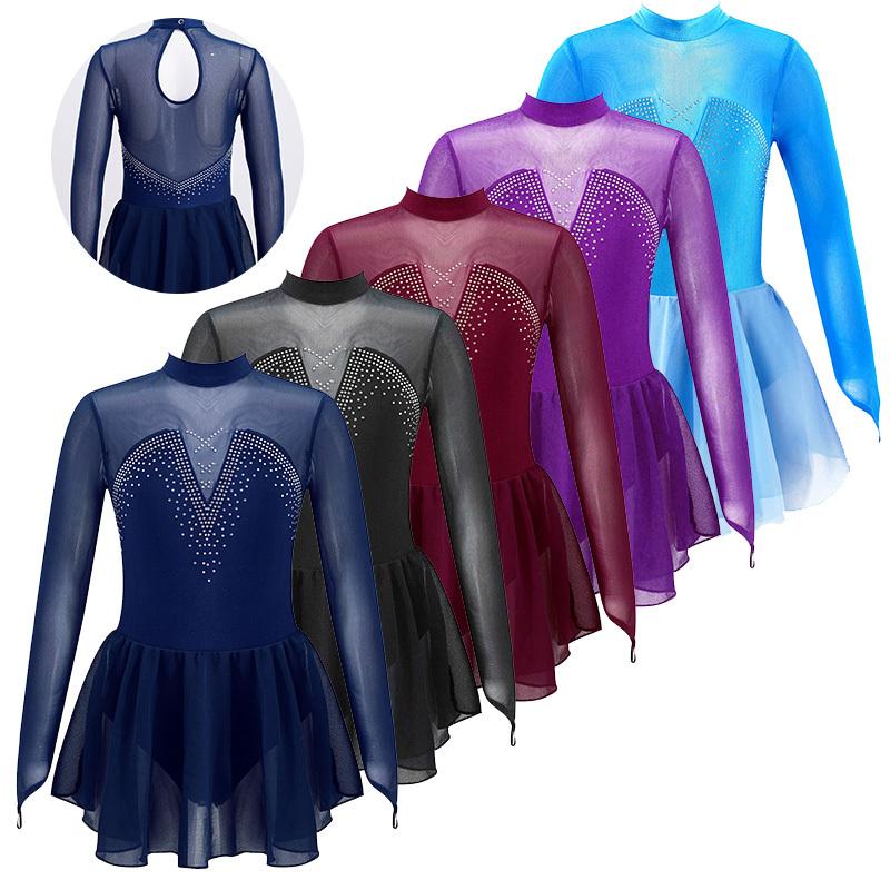 Daenrui Kunstschaatsjurk Mesh Splice Style Jurk met lange mouwen Kinderen Meisjes Gymnastiek Danstraining 5-6 Years marineblauwe kleur