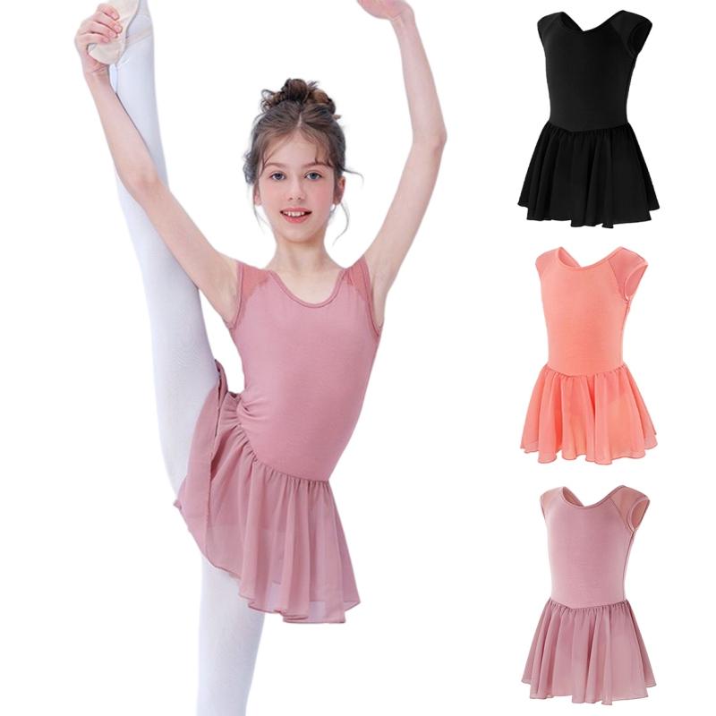 BOOSKU Mouwloze chiffon balletdansjurk voor meisjes Eendelig Klassiek U-hals Rugloos Effen kleur Danskleding Oefenkostuums 110