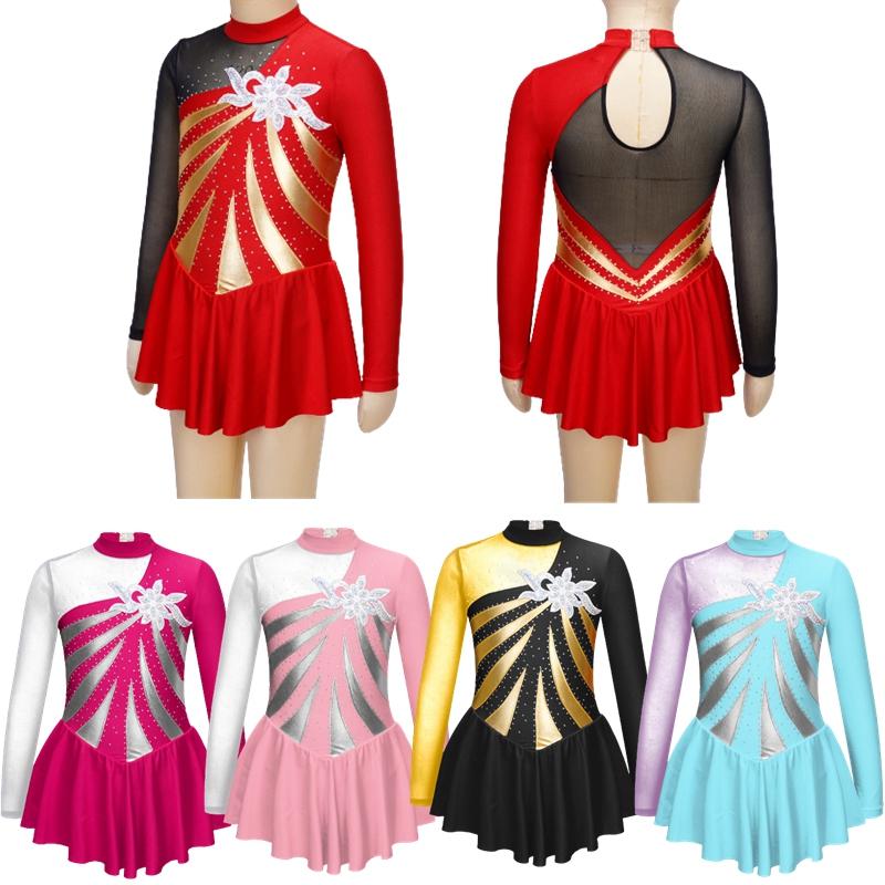Aislor Kinderen Meisjes Schaatsjurk Lange Mouw Glanzende Strass Decor Gymnastiek Dans Leotard Jurk 5-6 Years rood