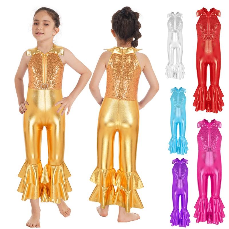 Sywiyi Kinderen Meisjes Glanzende Metallic Gymnastiek Leotard Glinsterende Pailletten Disco Jazz Dans Kostuum Full Body Unitard Bodysuit Ballet Danskleding 5-6 Years goud