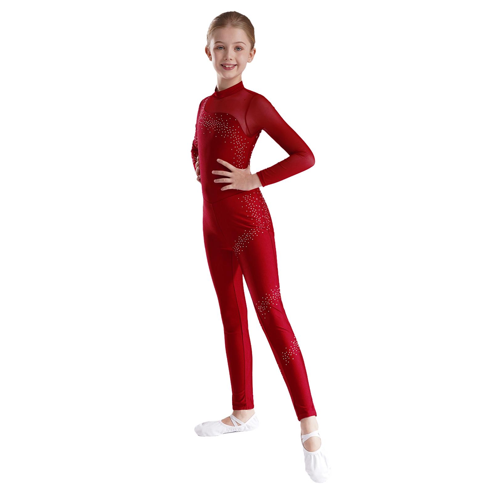 Yunduantong-electronic Meisjes Mesh Splice Ballet Dans Leotard Kunstschaatsen Danskleding Gymnastiek Atletische Actieve Kleding Bodysuit Volledige Lengte Jumpsuit 5-6 Years bordeaux