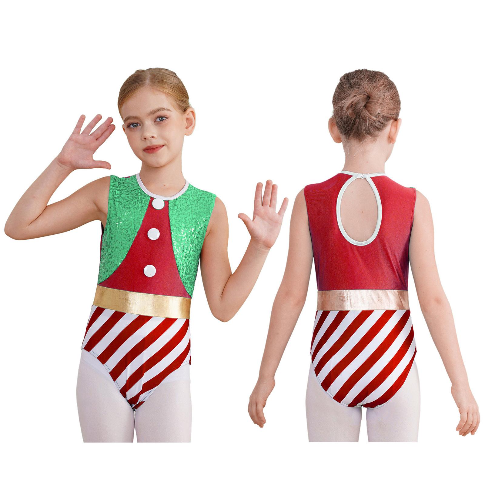 Yunduantong-electronic Meisjes Jazz Latijns Dans Leotard Gymnastiek Unitard Kerstman Elf Kerstmis Aankleden Nieuwjaarskostuum Holle Rug Pailletten Jumpsuit 3-4 Years groen