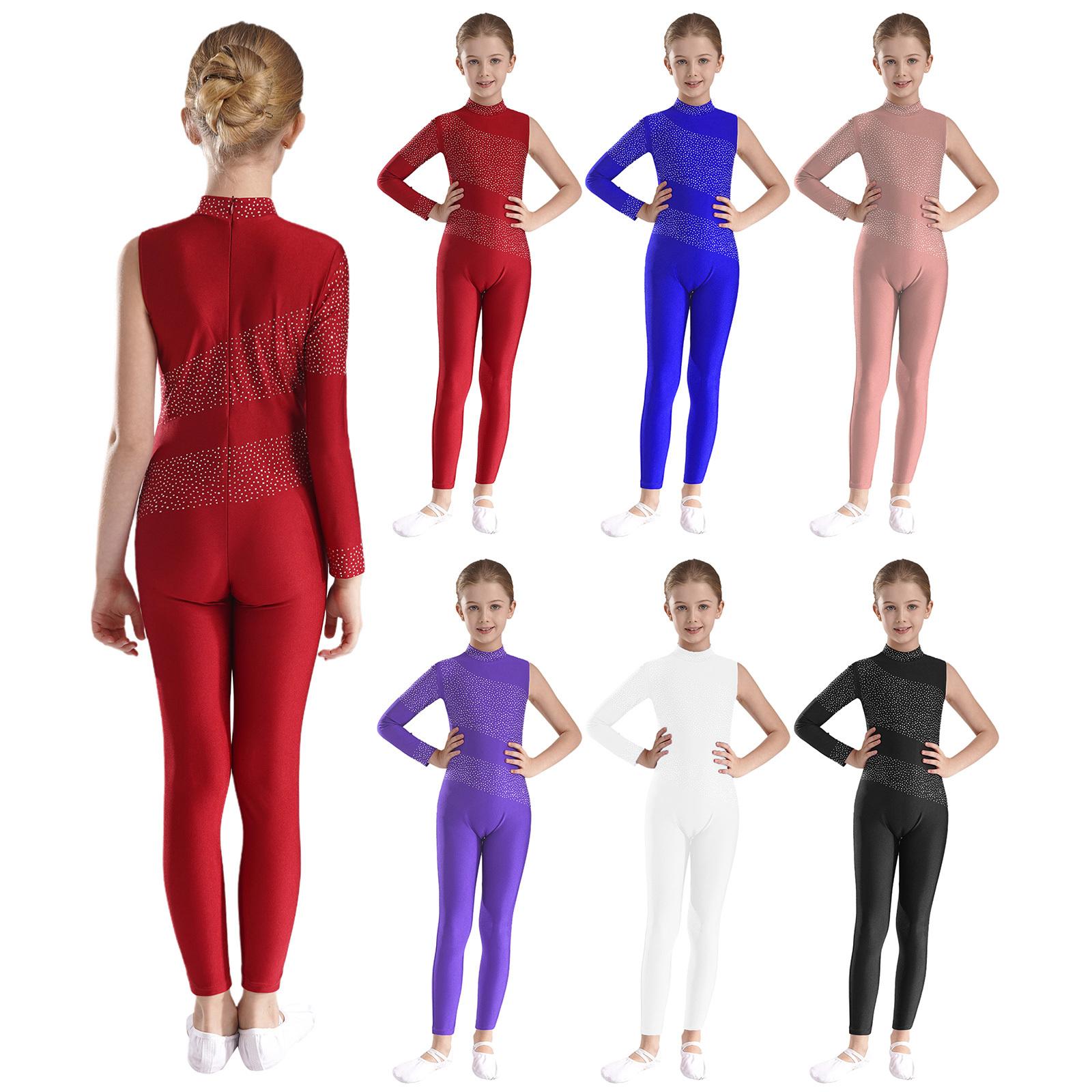 Yunduantong-electronic Meisjes One Shoulder Dance Jumpsuit Glinsterende Strass Ritmische Gymnastiek Kunstrijden Jazz Ballet Bodysuit Lange Leotard 5-6 Years lichtbruine kleur