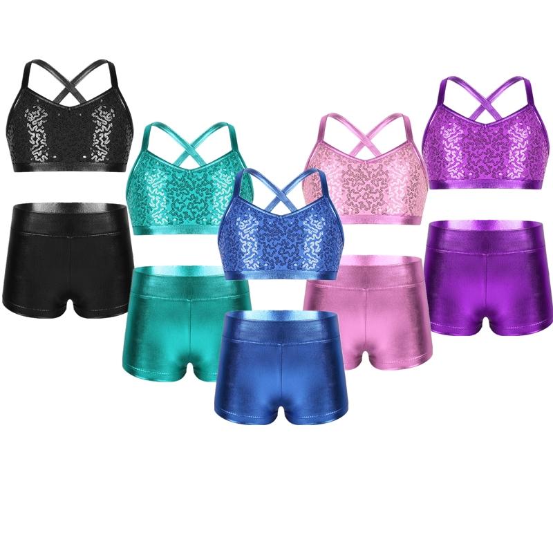 Sywiyi Meisje Kind Ballet Gymnastiek Prestatie Crop Tank Top + Shorts Sportpak Danskleding 5-6 Years meer blauwe kleur