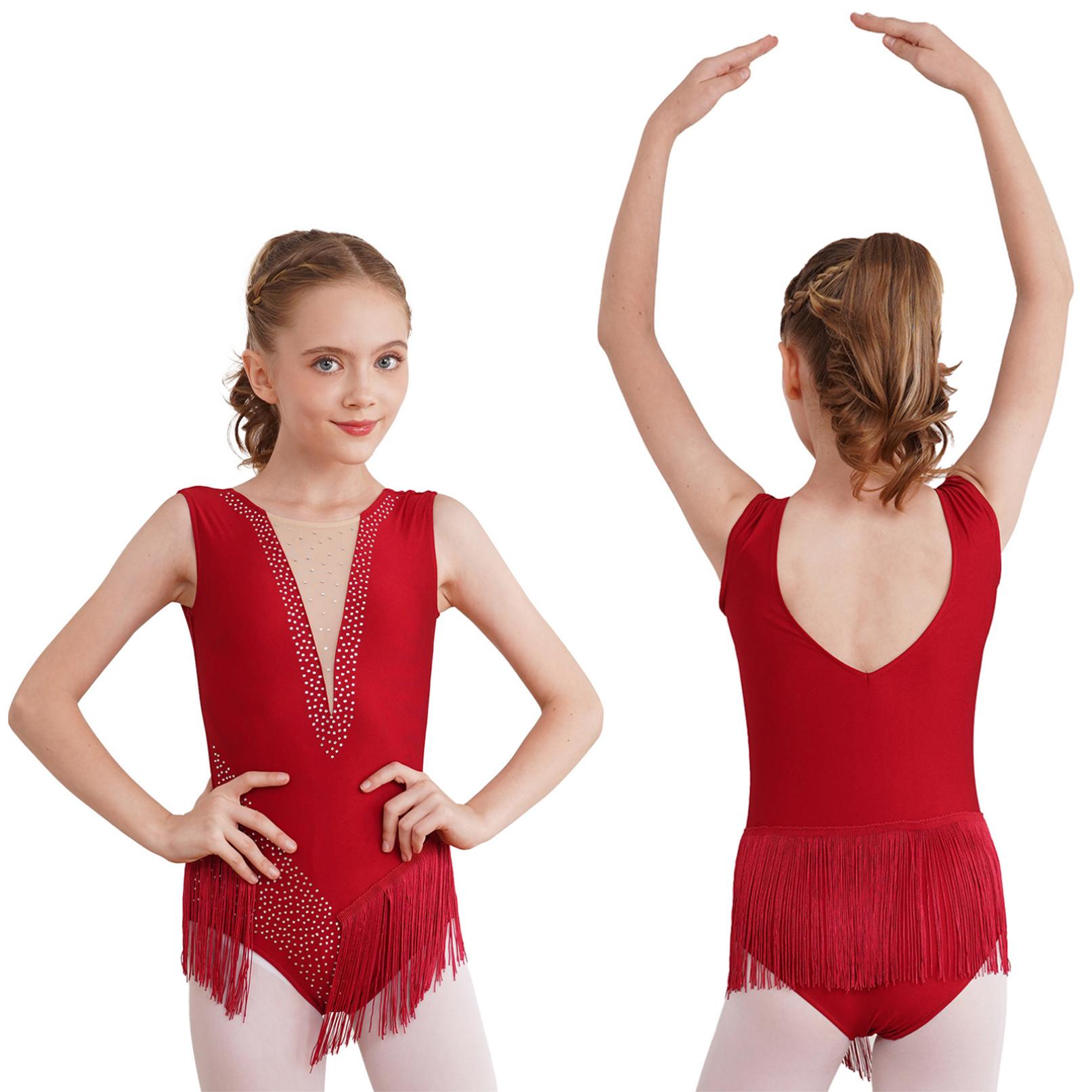 YOOJIA Kinderen meisjes ballet dans turnpakje kunstschaatsen gymnastiek prestatie kostuum glanzende strass kwastje bodysuit 5-6 Years bordeaux