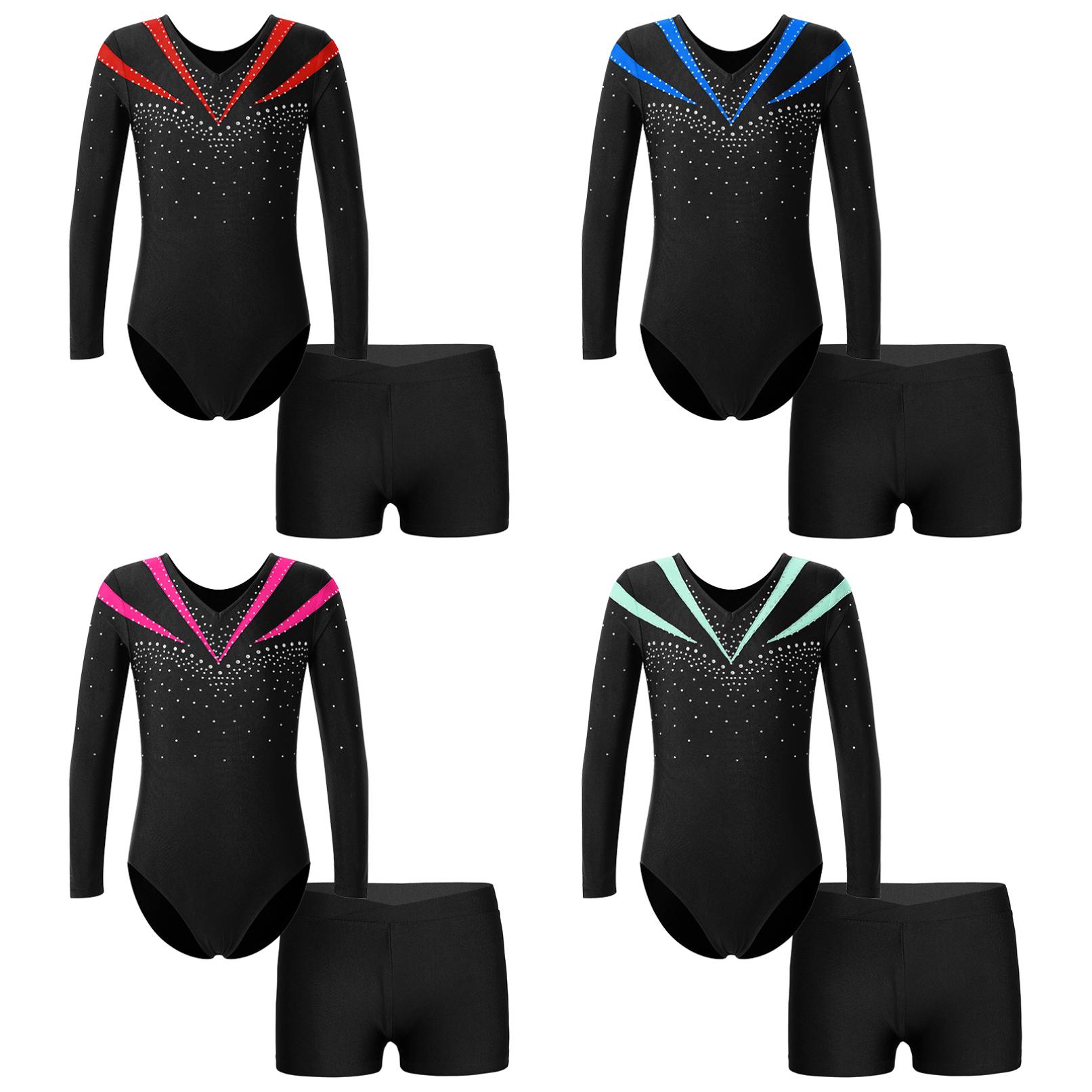 WinYing Meisjes Lange Mouw Glanzend Strass Decor Leotard met Atletische Shorts voor Dans Sport Gymnastiek 5-6 Years rood