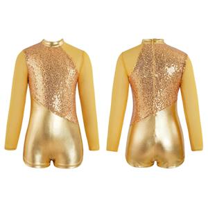 HULIJA Kinderen meisjes een stuk dans turnpakje lange mouw sprankelende metallic pailletten gymnastiek bodysuit 5-6 Years goud