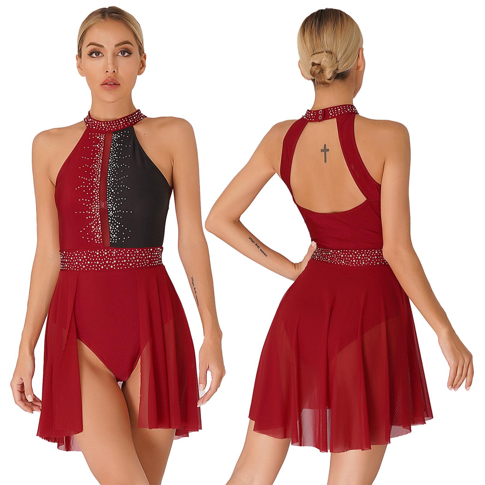 Inlzdz Vrouwen Lyrische Dansjurk Kunstrijden Gymnastiek Ballet Podiumvoorstelling Kostuum Glanzende Strass Rugloze Leotard Jurken S bordeaux